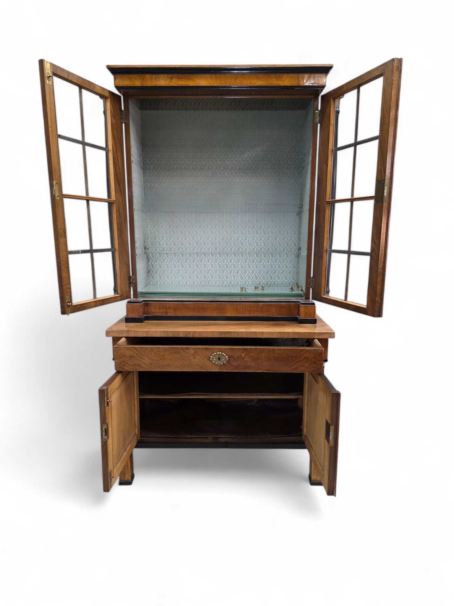 Antique Biedermeier Style Walnut Bookcase Vitrine