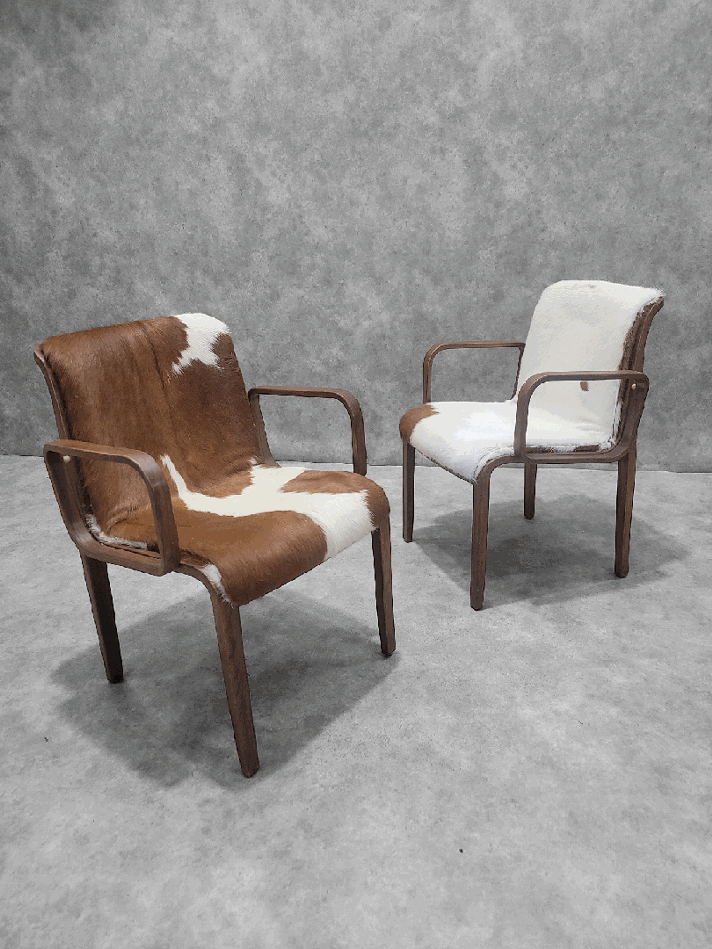 NEW - Mid-Century Set of 6 Bill Stephens Walnut Armchairs For Knoll Newly Custom Upholstered in Brown & White Hair-on Brazilian Cowhide - Set of 6