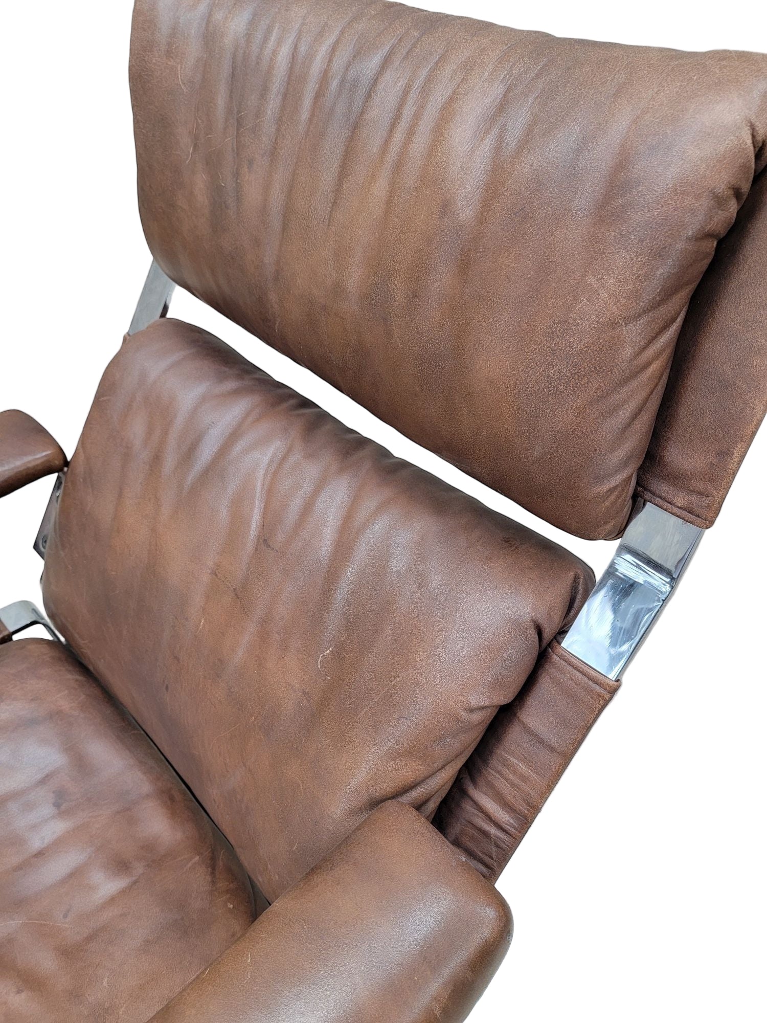 Mid Century Modern Richard Hersberger Brown Leather and Chromium Lounge Chairs and Ottoman