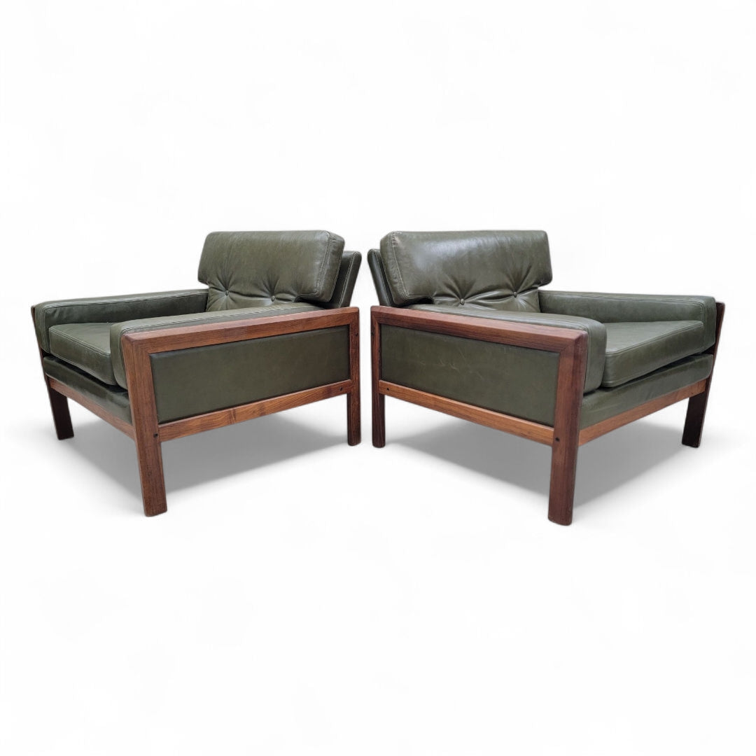 New - Mid Century Danish Modern Vatne Mobler Teak Frame Sofa & Club Chairs Newly Upholstered in Italian Hunter Green Leather