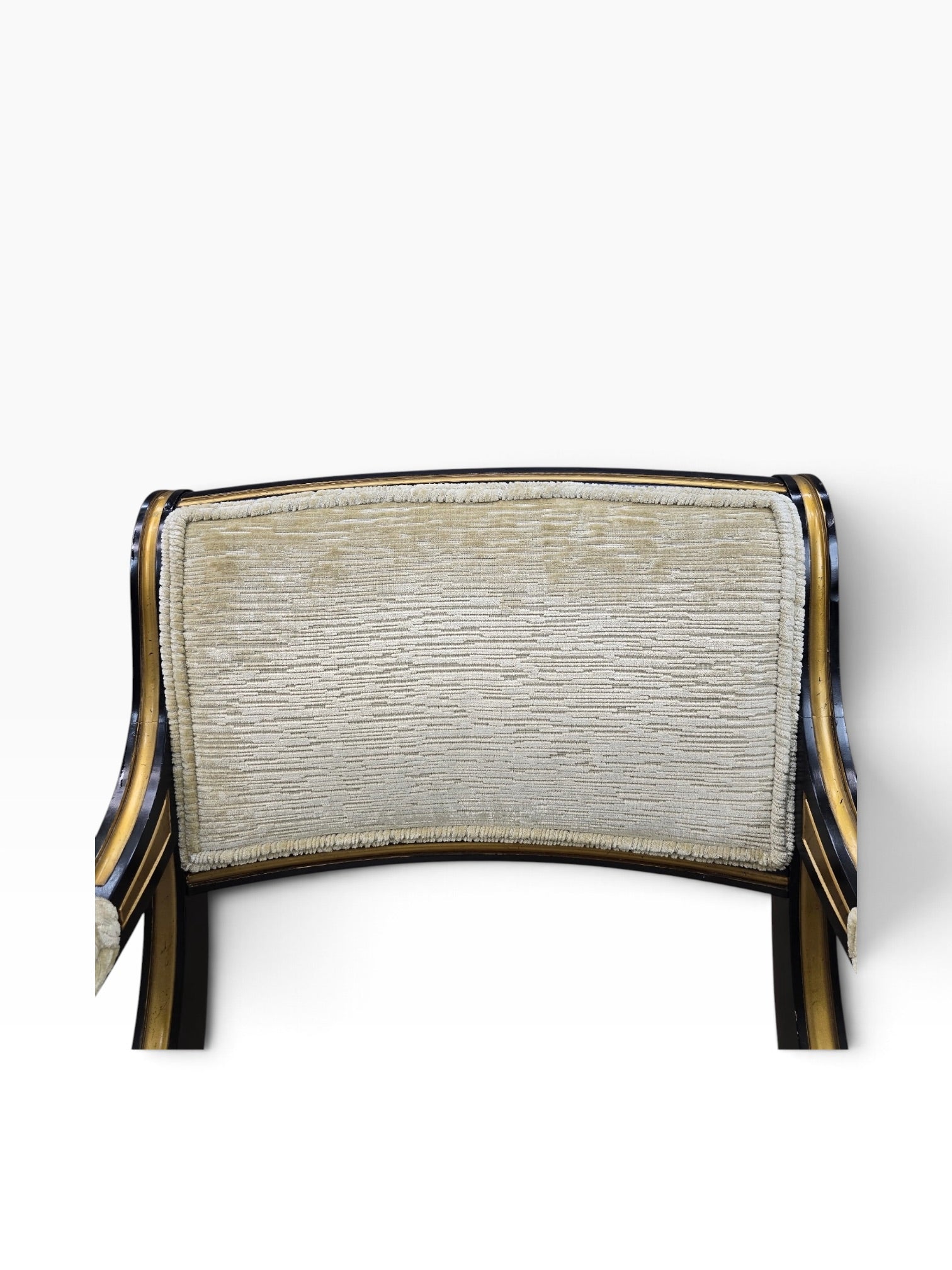 Regency Style Ebonized Armchairs by Baker Newly Reupholstered in a Gold Chenille Fabric - Pair