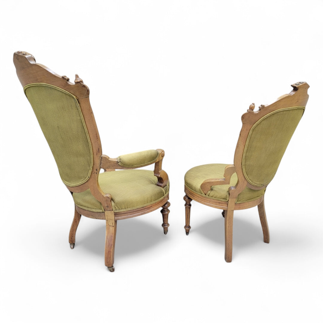 Antique Victorian John Jelliff Style Carved Ornate His and Hers Tufted Parlor Chairs - Set of 2