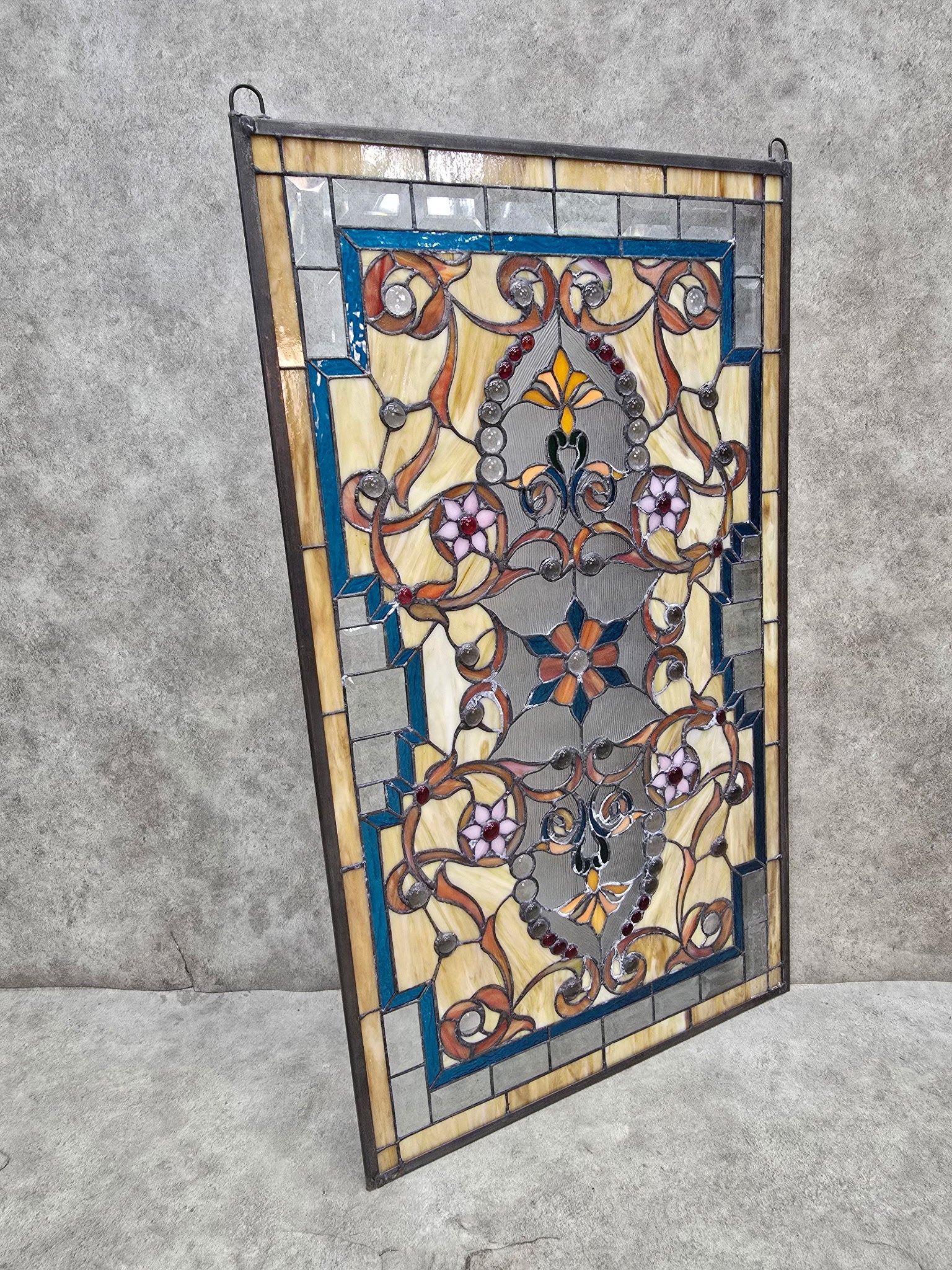 Antique Multi Color Floral Stained Glass Window - Pair