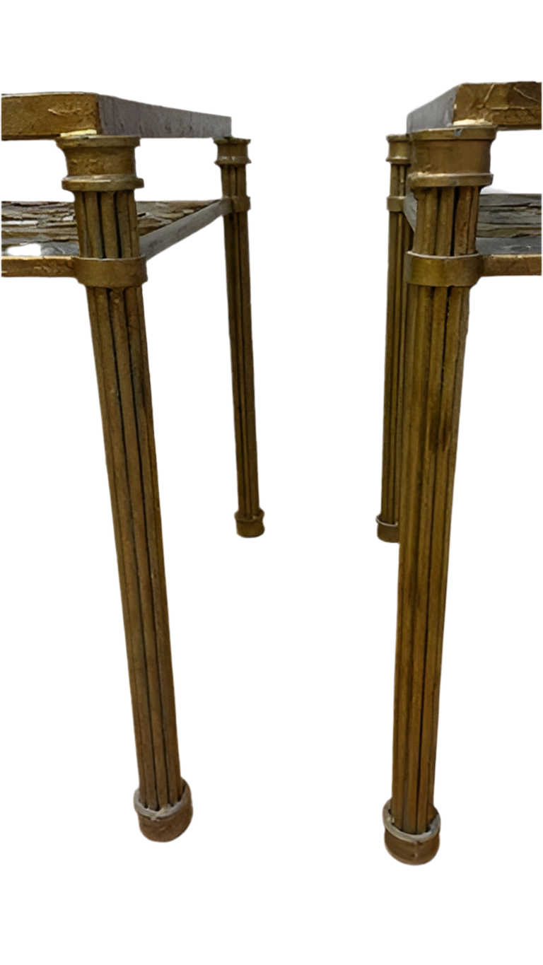 Hollywood Regency Antique Gold Forged Wrought Iron Glass Top Side Tables - Pair
