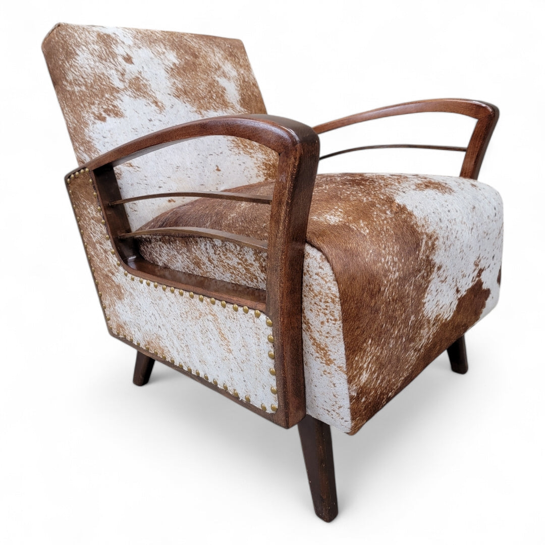 Vintage French Art Deco Arched Wood Bridge Arm Lounge Chairs Newly Upholstered in Cowhide - Pair