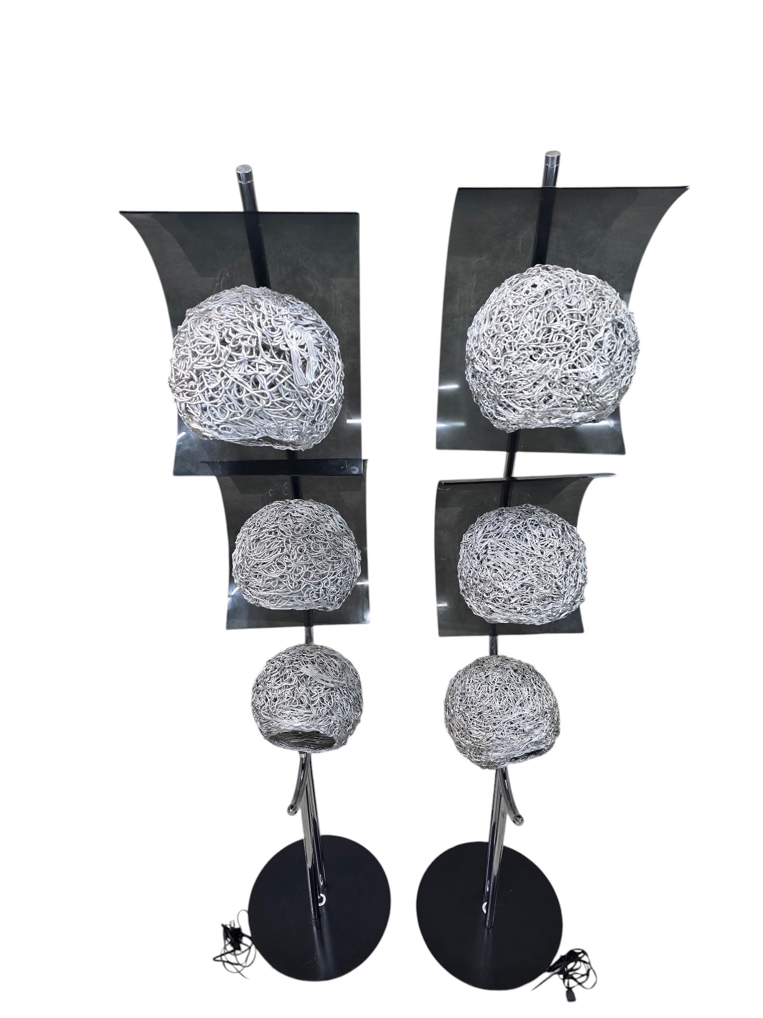 MCM Chrome Triple Light Lamps with Metal Spaghetti Shades – Pair