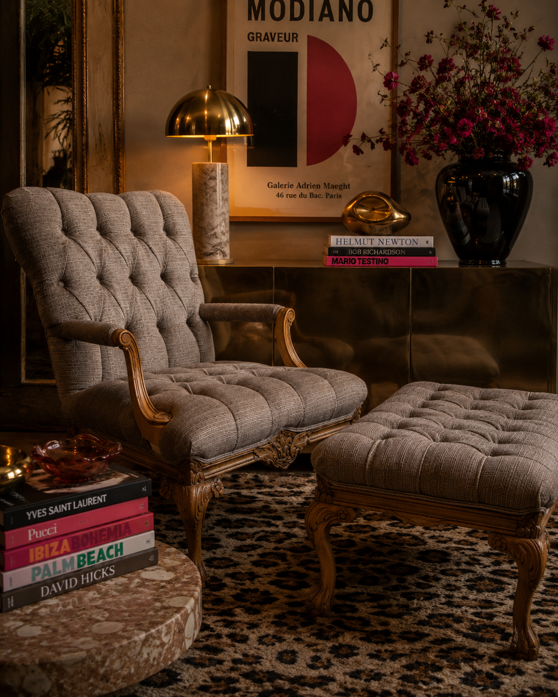 Vintage French Louis XV Style Fauteuil Tufted Armchair and Ottoman Newly Reupholstered