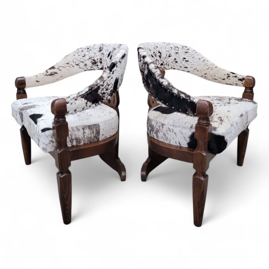 Modern Asian Inspired Carved Curved Back 3 Leg Dining Chairs Upholstered in Cowhide - Set of 4