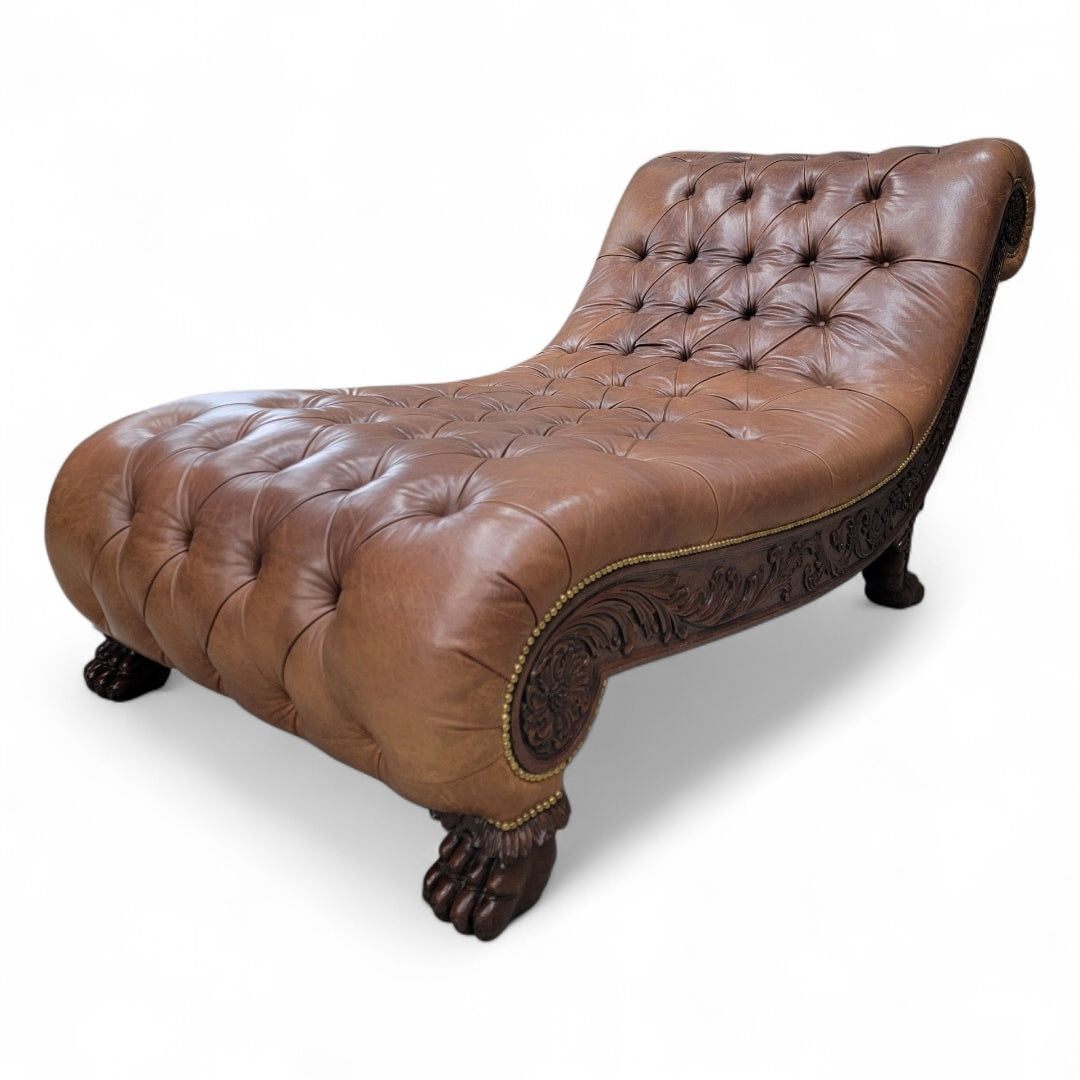 Antique Chesterfield Style Carved Oak Tufted Chaise Lounge