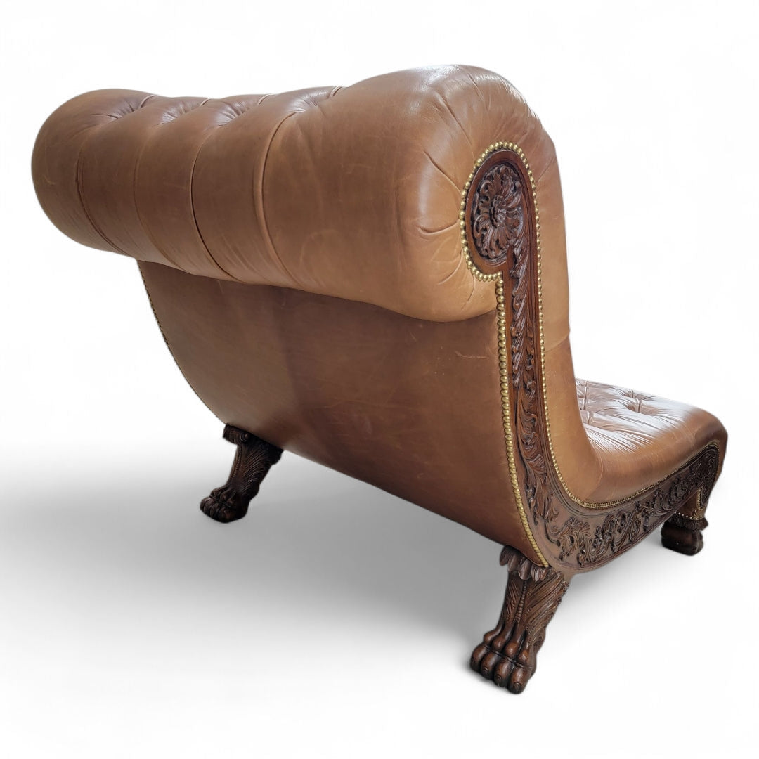 Antique Chesterfield Style Carved Oak Tufted Chaise Lounge