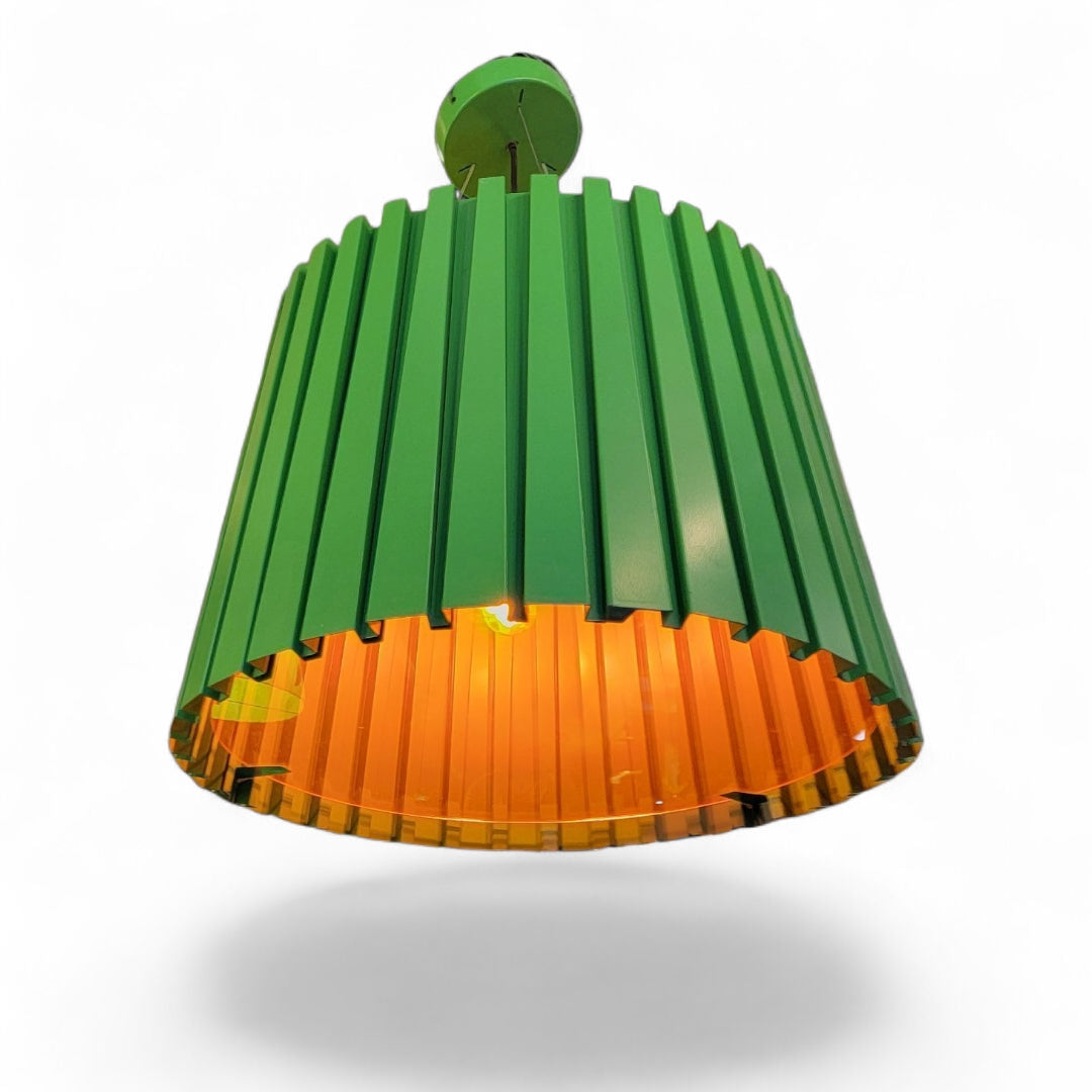 NEW - Vintage Oversized Industrial Designed Green Ribbed Metal Pendant w/ an Orange Acrylic Shade