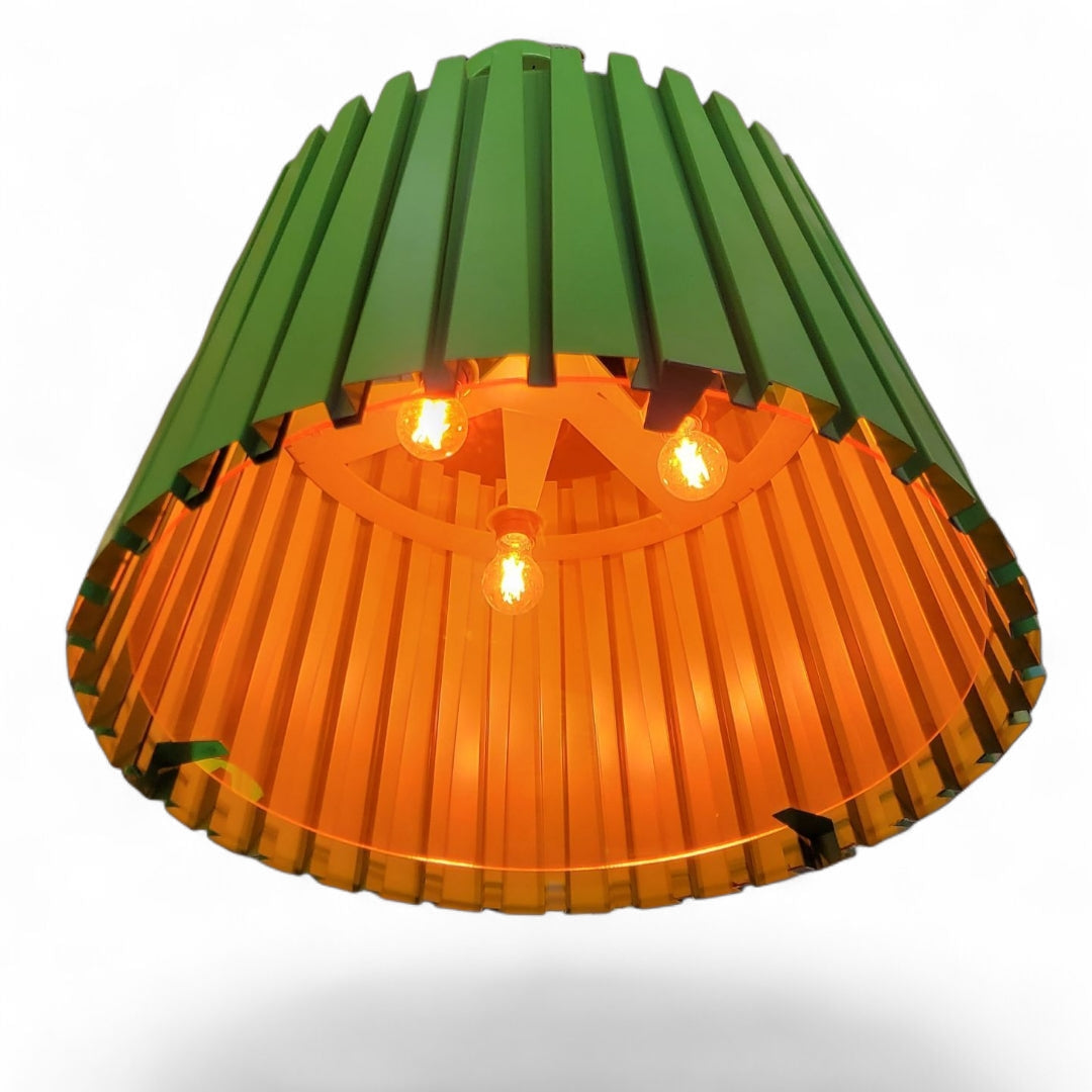 NEW - Vintage Oversized Industrial Designed Green Ribbed Metal Pendant w/ an Orange Acrylic Shade