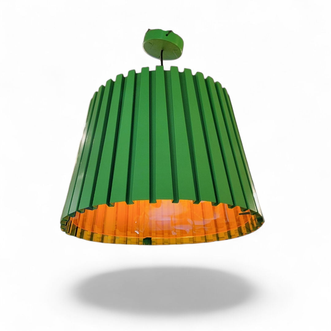 NEW - Vintage Oversized Industrial Designed Green Ribbed Metal Pendant w/ an Orange Acrylic Shade