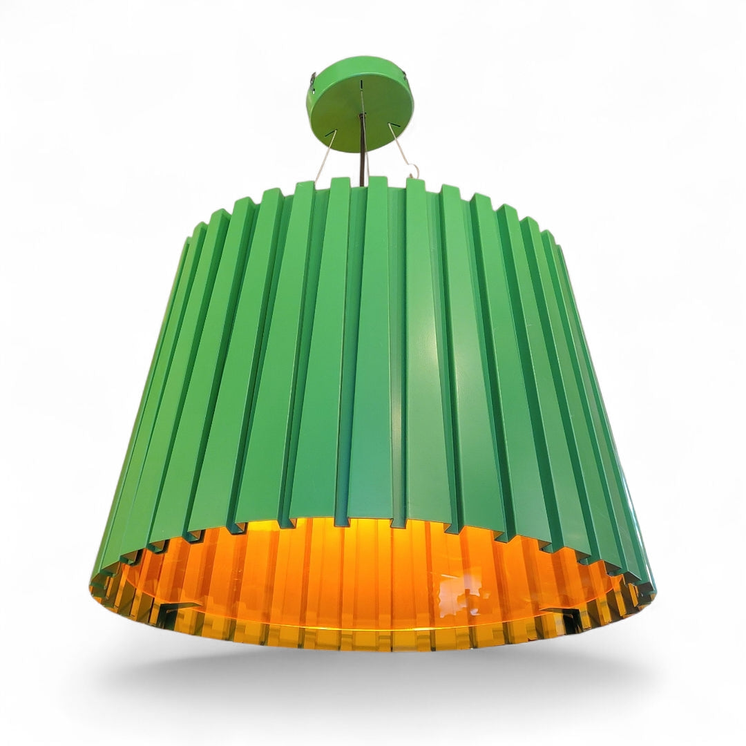 NEW - Vintage Oversized Industrial Designed Green Ribbed Metal Pendant w/ an Orange Acrylic Shade