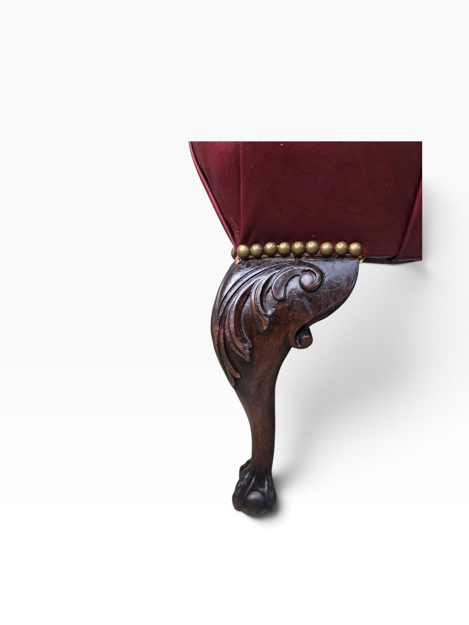 Chippendale Style Carved Mahogany Ball & Claw Six Leg Tufted Hall/Dining Bench Newly Reupholstered in Cabernet Leather - Pair