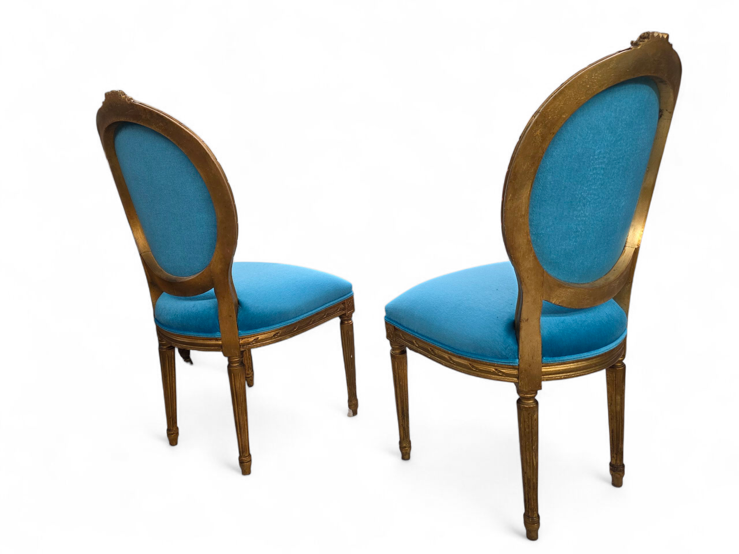Antique French Louis XVI Style Carved & Gilded Tufted Medallion Back Dining Chairs Newly Reupholstered in a Italian Royal-Teal Mohair - Set of 4&nbsp;