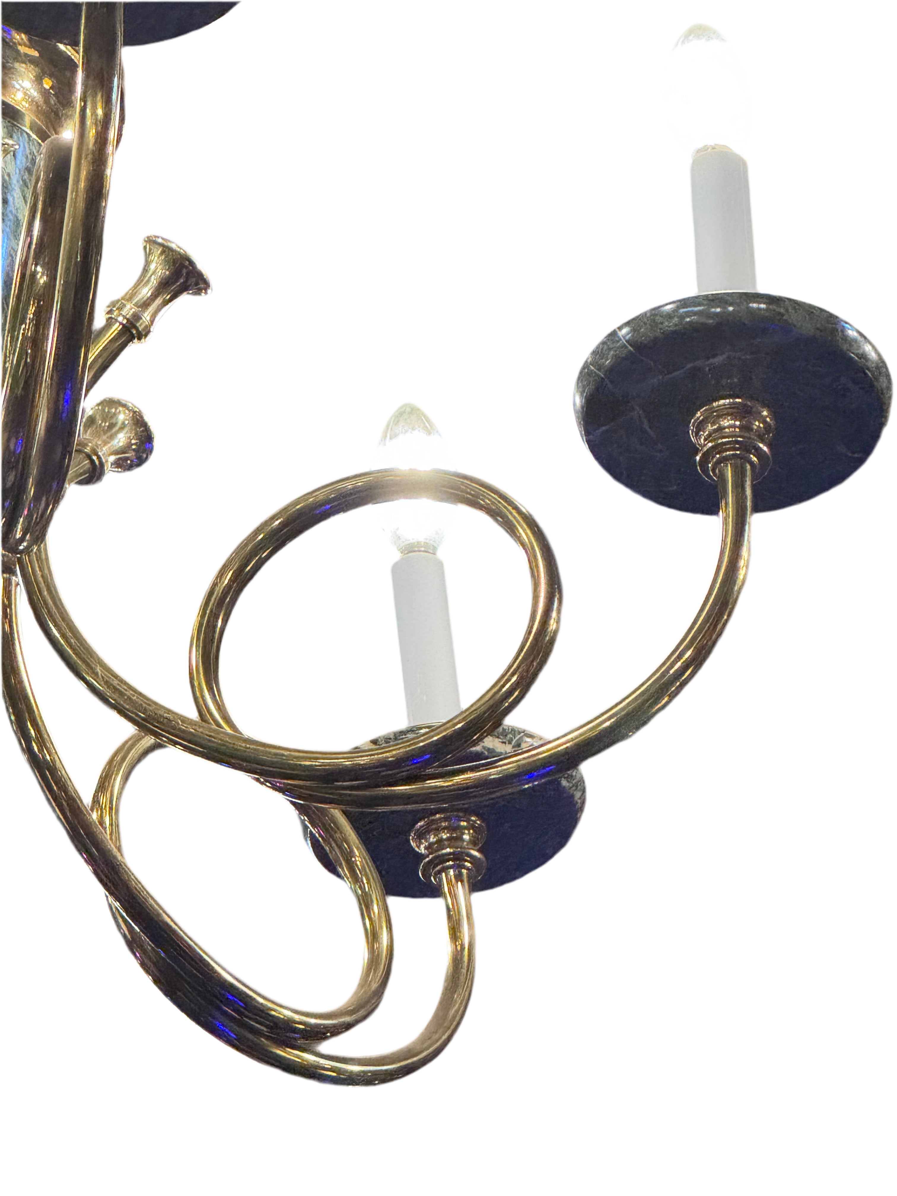New - Vintage Brass 6 Light Brass and Green Marble French Horn Chandelier