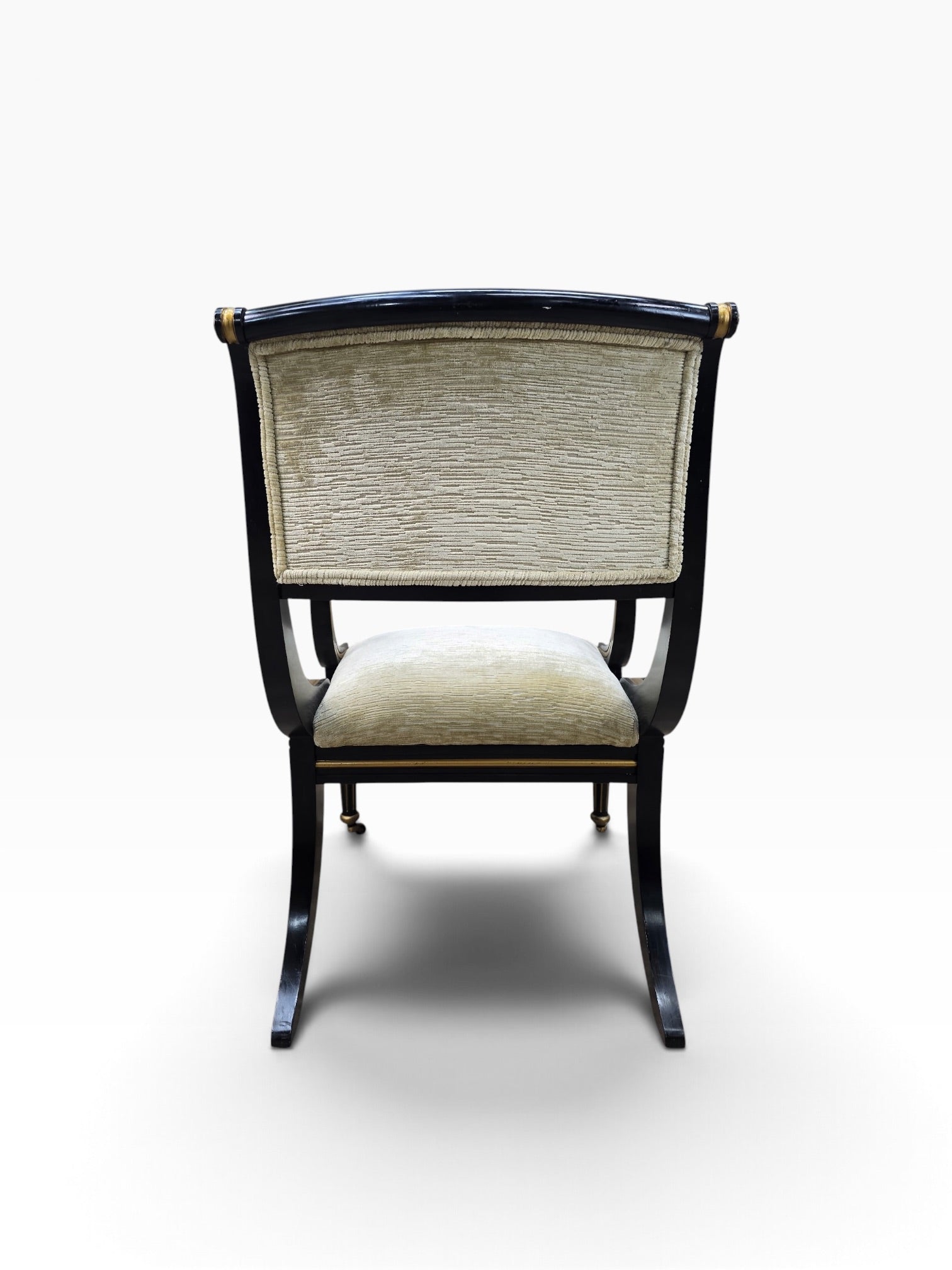 Regency Style Ebonized Armchairs by Baker Newly Reupholstered in a Gold Chenille Fabric - Pair