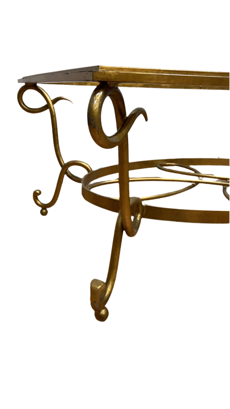 Art Deco Rene Drouet Style Gilt Wrought Iron Coffee Table with Beveled Glass