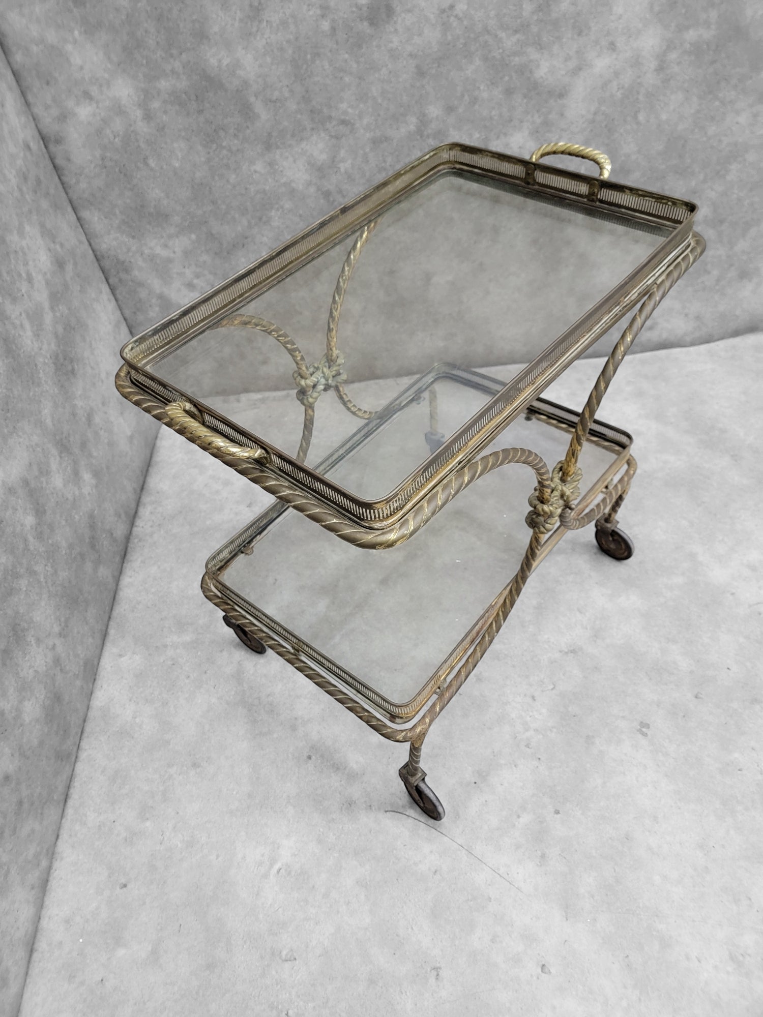 Mid Century French Bagues Style Brass Rope Bar Cart on Wheels with Removable Tray