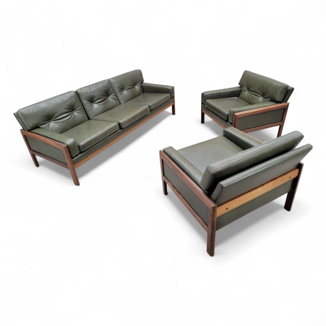 New - Mid Century Danish Modern Vatne Mobler Teak Frame Sofa & Club Chairs Newly Upholstered in Italian Hunter Green Leather