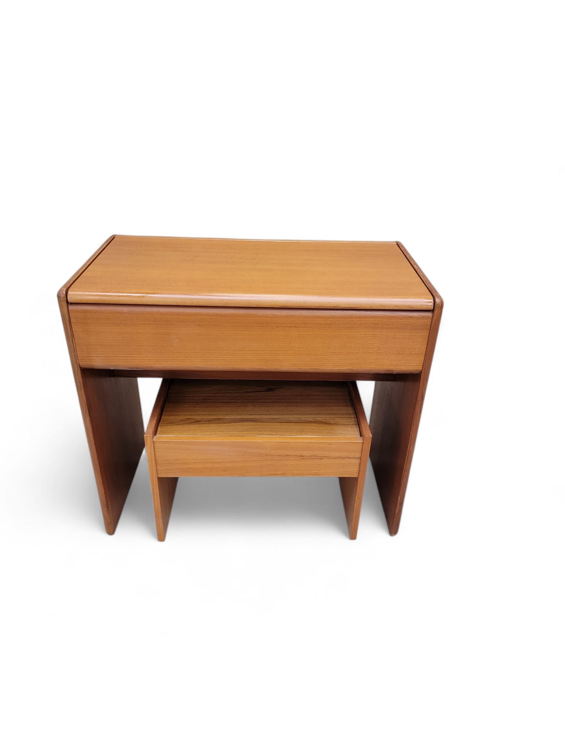 Mid Century Danish Teak Vanity/Desk with Flip-Top Mirror and Storage with Matching Stool