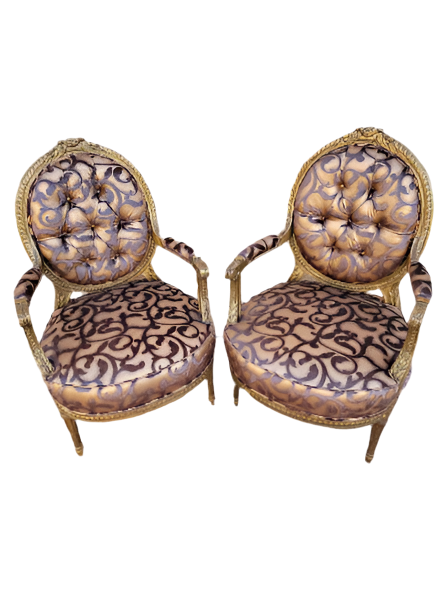 Antique French Louis XV Style Ornate Carved Giltwood Fauteuil Armchairs Newly Upholstered - Pair