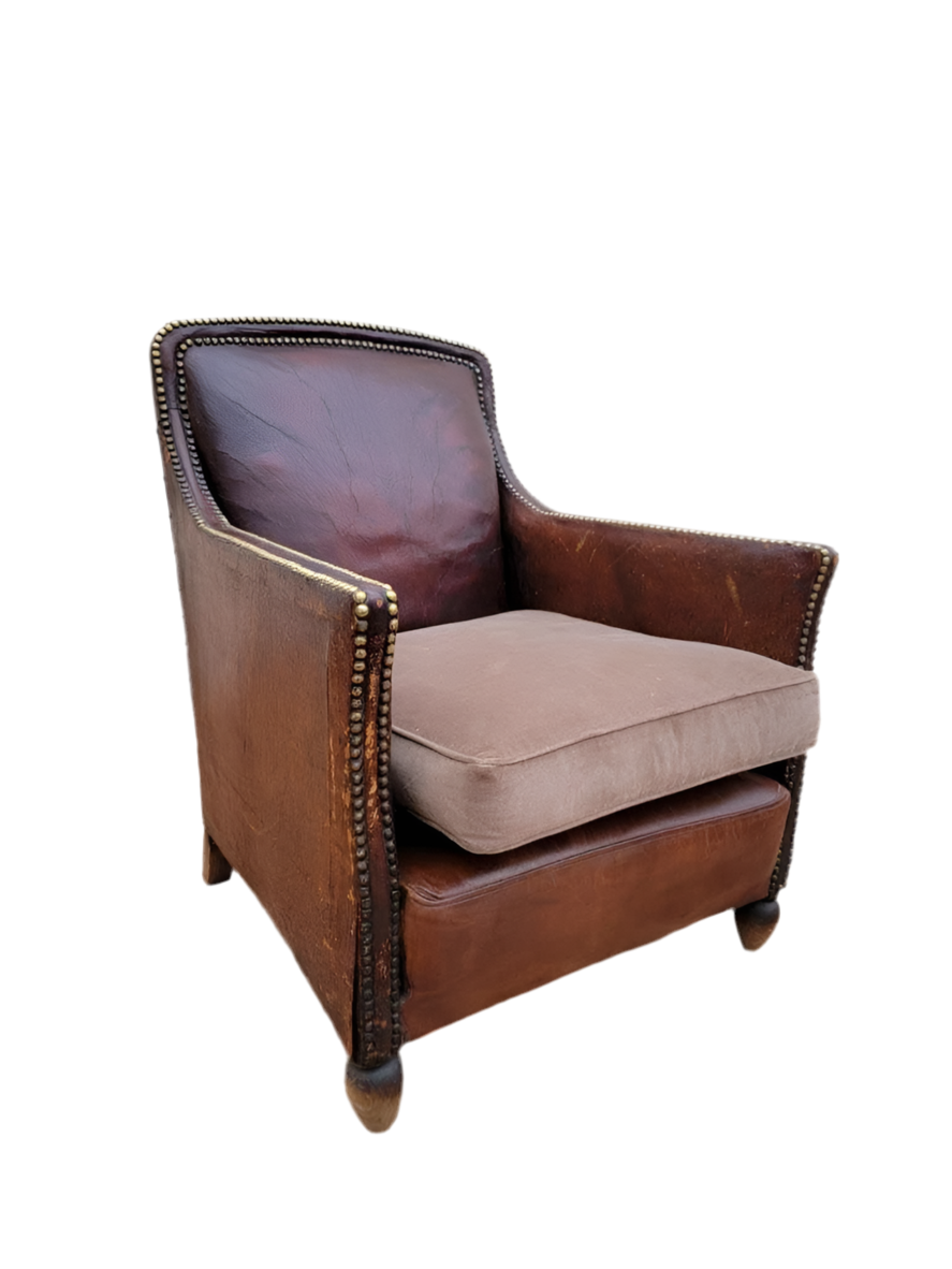French Art Deco Distressed Leather Lounge Chair