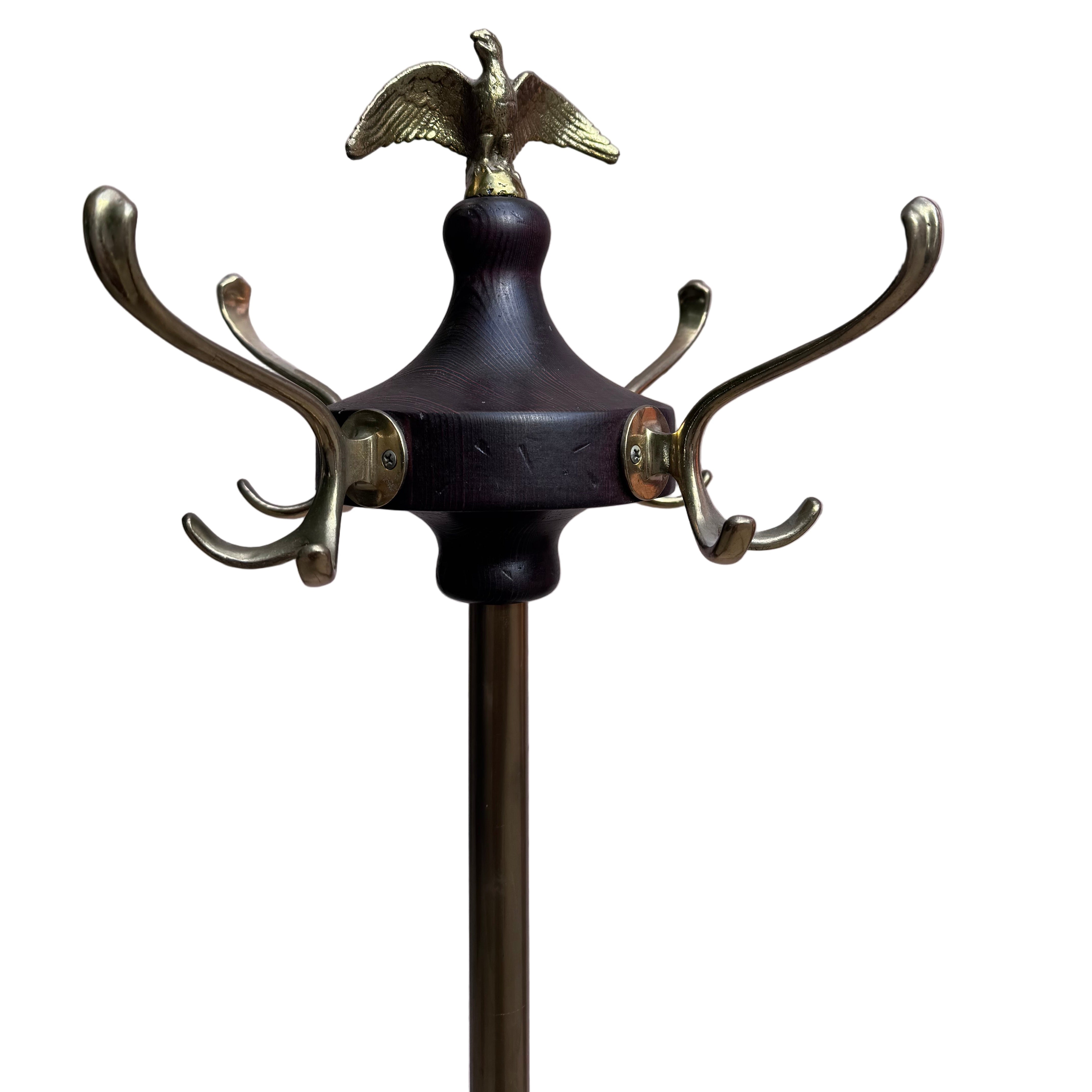 Antique Victorian Federal Style Brass, Wood and Wrought Iron Coat Rack with Eagle Finial