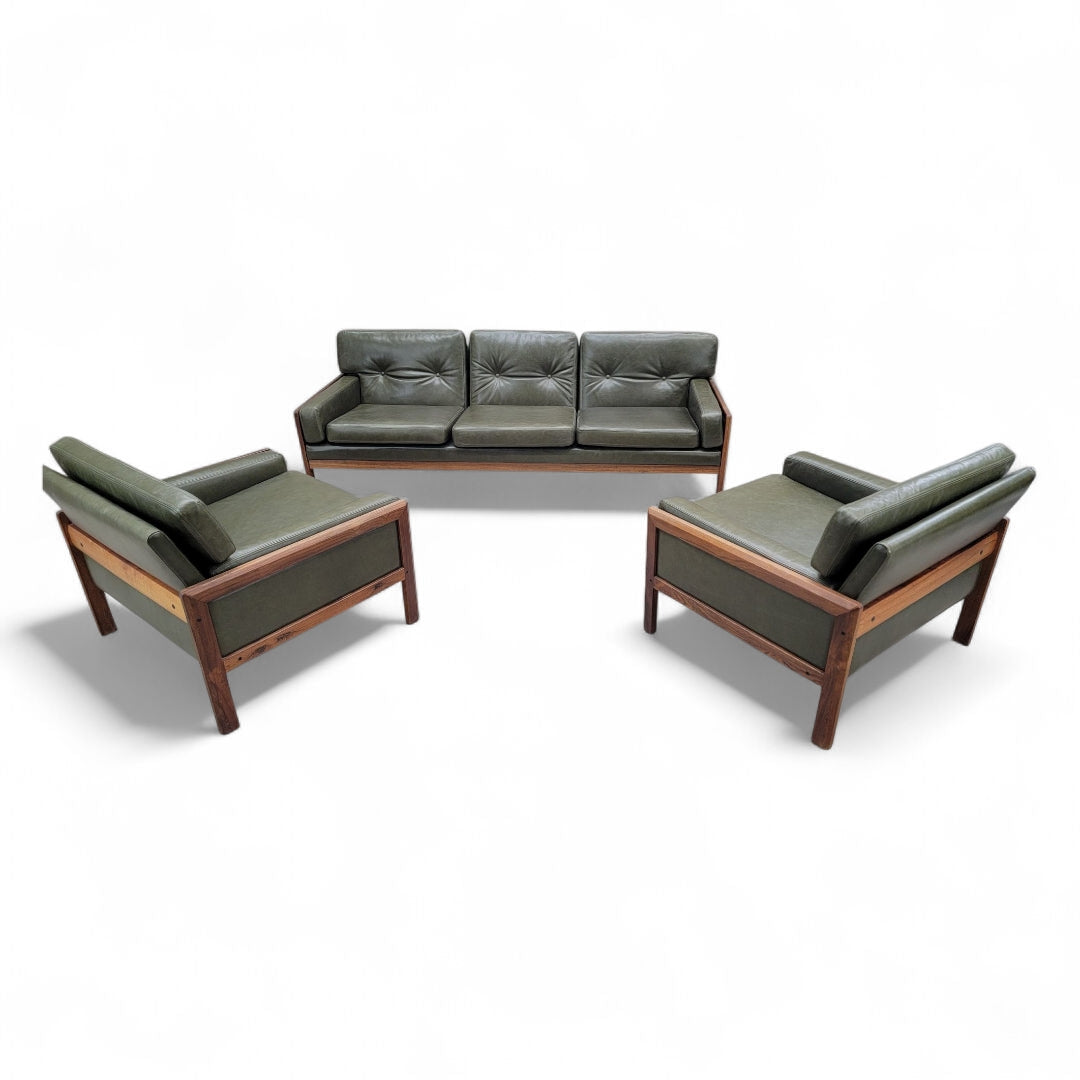 New - Mid Century Danish Modern Vatne Mobler Teak Frame Sofa & Club Chairs Newly Upholstered in Italian Hunter Green Leather