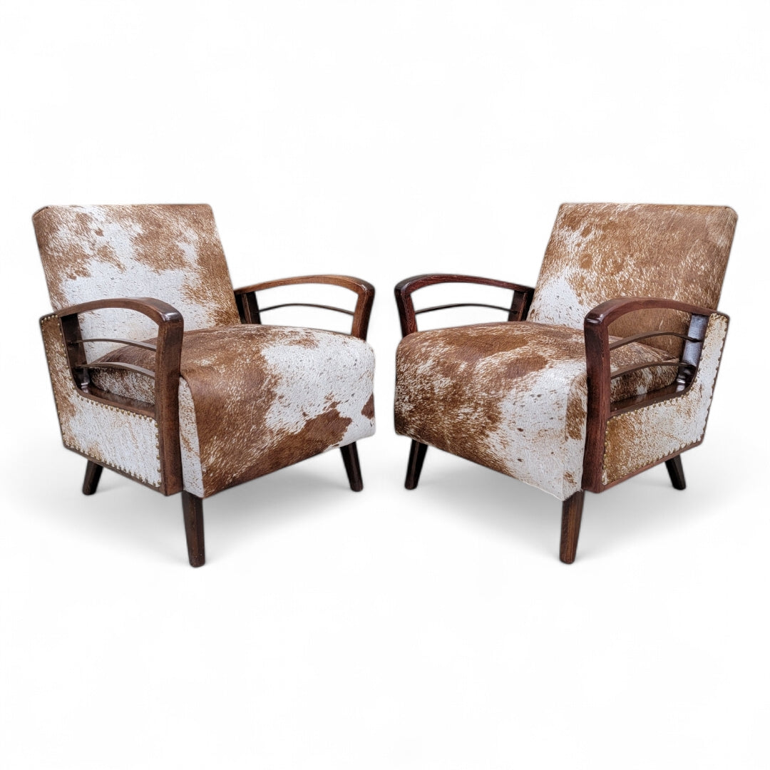 Vintage French Art Deco Arched Wood Bridge Arm Lounge Chairs Newly Upholstered in Cowhide - Pair