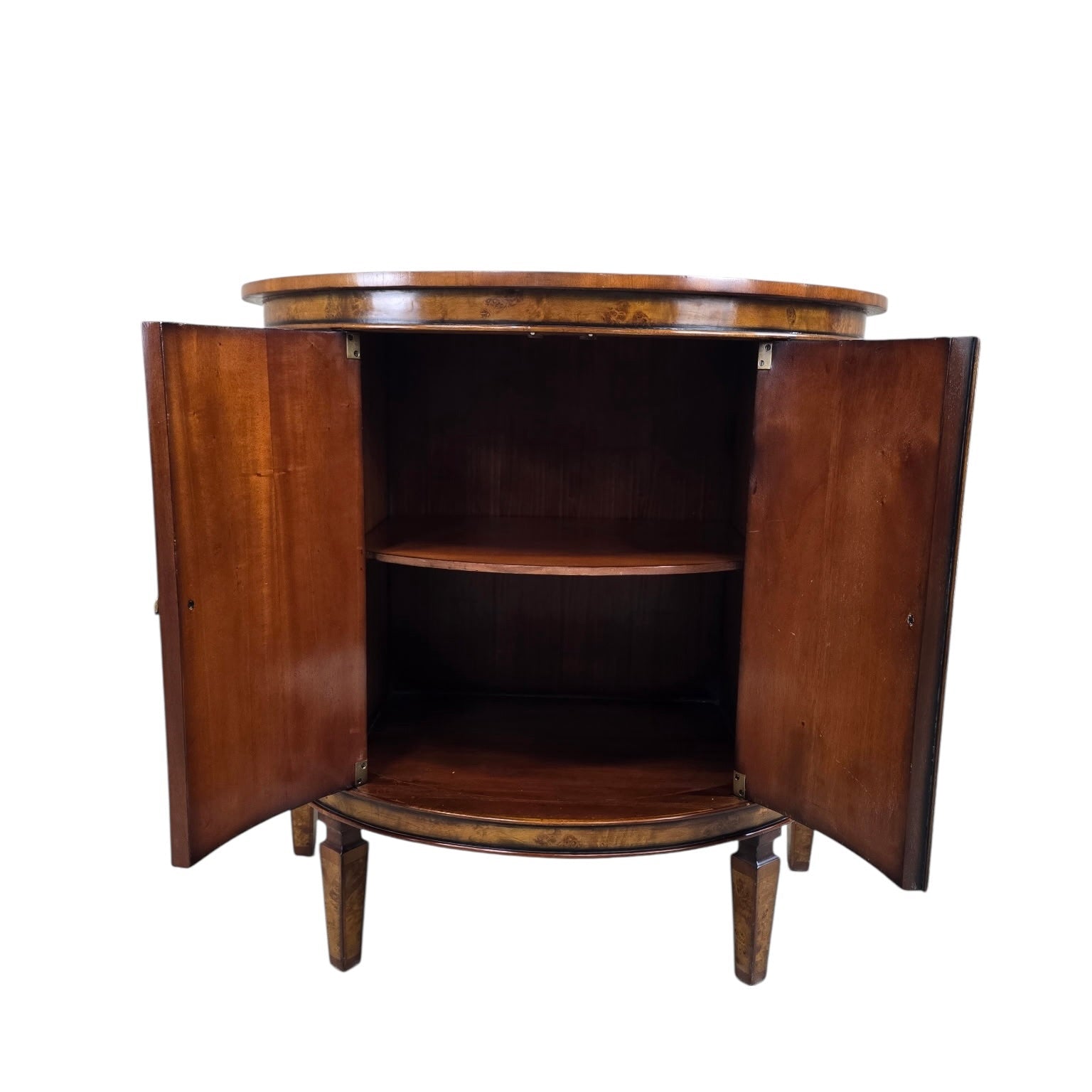Vintage Neoclassical Regency Style Walnut Burl Demilune Cabinet