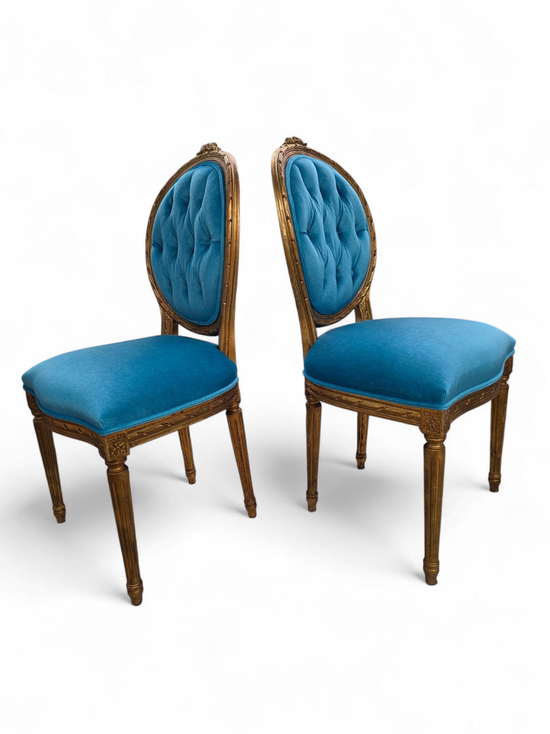 Antique French Louis XVI Style Carved & Gilded Tufted Medallion Back Dining Chairs Newly Reupholstered in a Italian Royal-Teal Mohair - Set of 4&nbsp;
