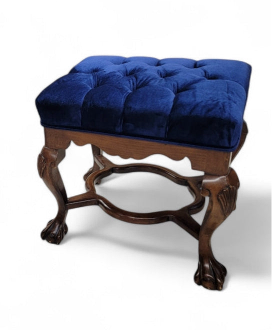 New - Antique Mahogany Chippendale Tufted Ottoman Newly Upholstered in Velvet