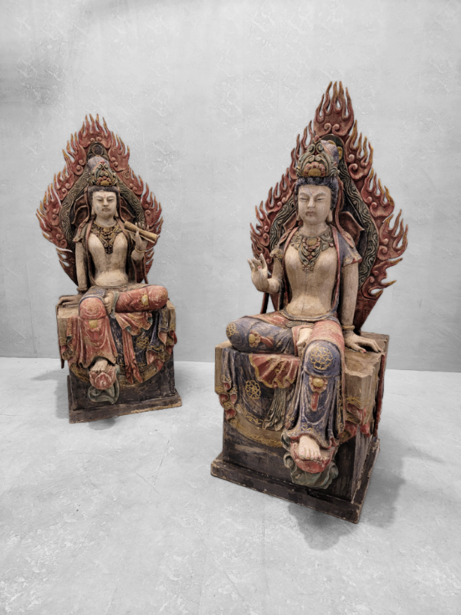 Antique Monumental Chinese Mandorla Carved Sculpted Statues - Set of 2