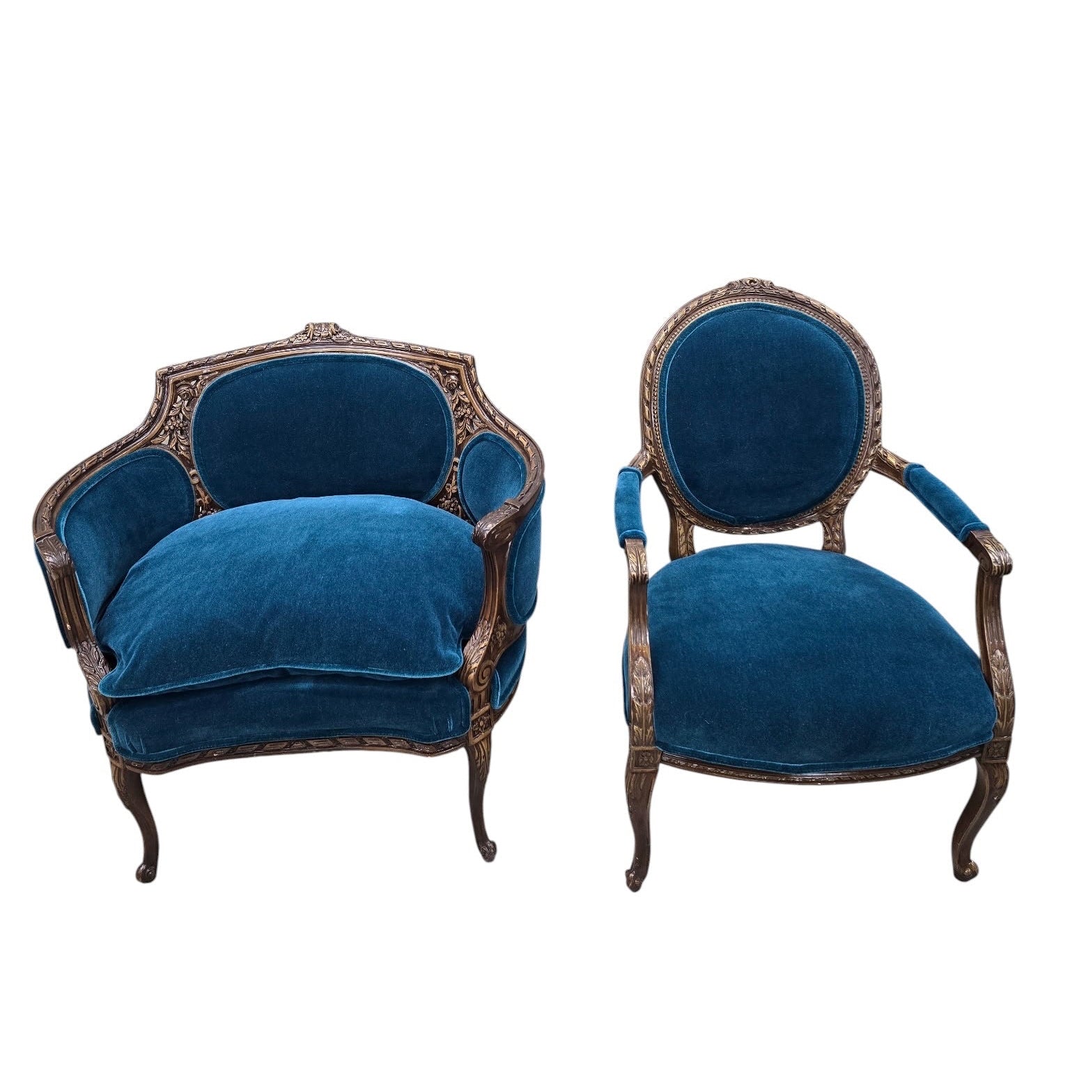 Antique French Louis XV and Louis XVI Style Armchairs Newly Upholstered – Set of 2