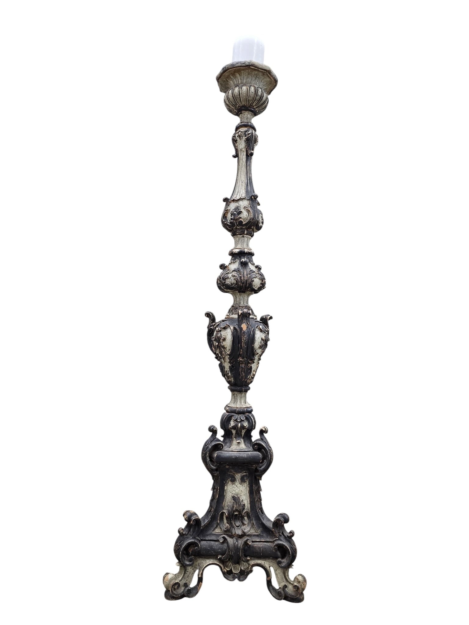 Italian Baroque Revival Monumental Carved Polychrome & Gilt Floor Candlestick
