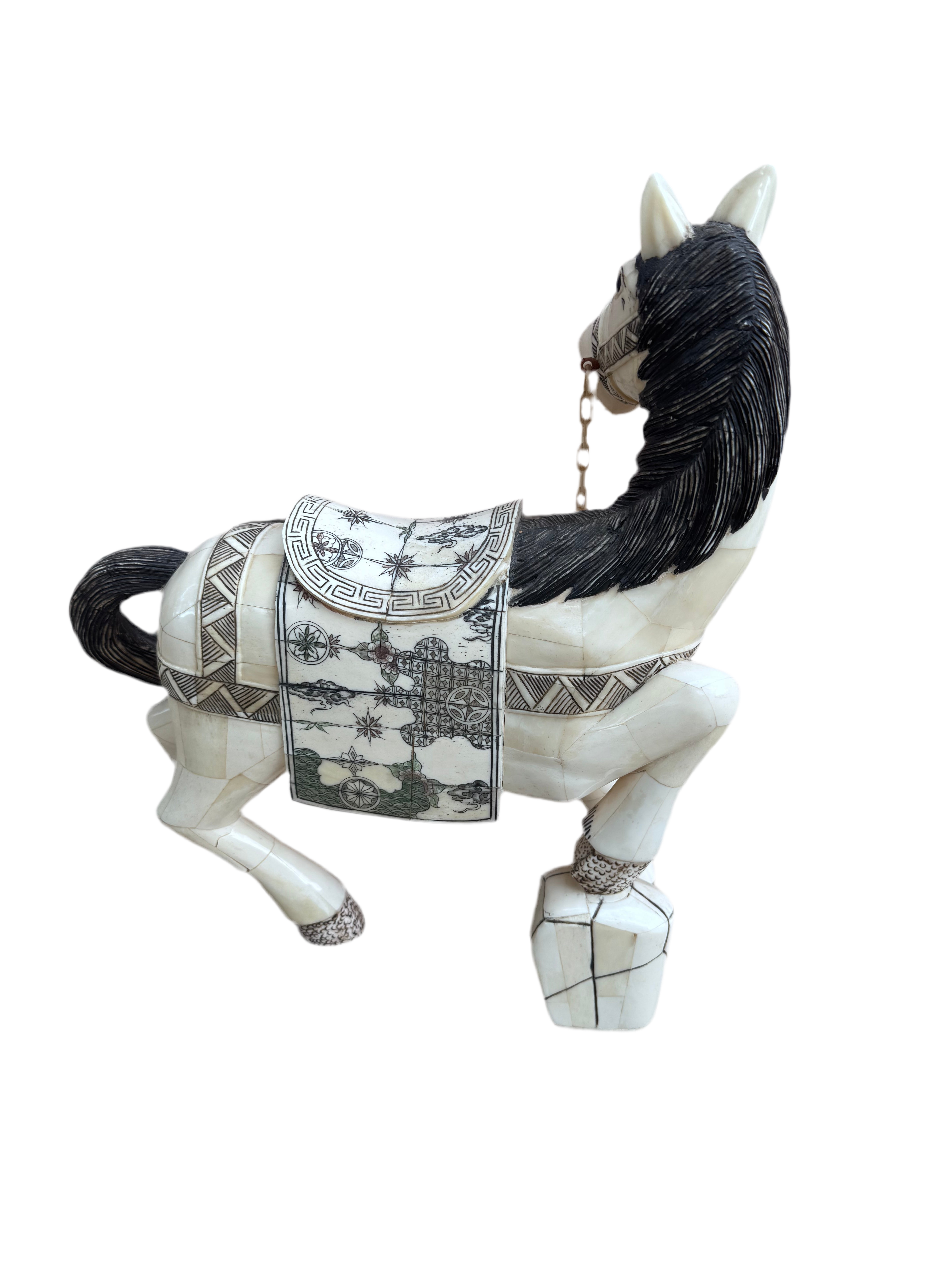 Vintage Tessellated Bone Tile Horse Statue