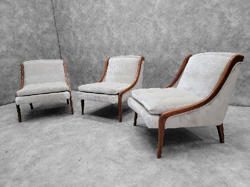 Mid Century Modern Ben Seibel Slipper Chairs Set Newly Upholstered in Velvet - 3 Piece Set