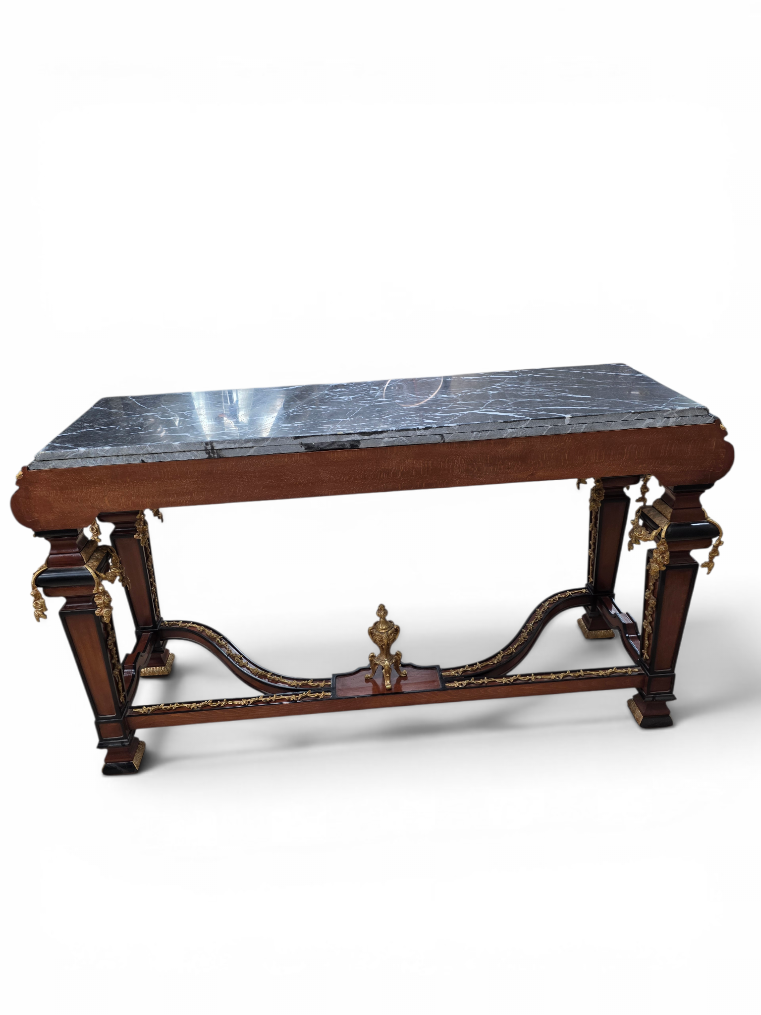 New - Antique French Louis XVI Napoleon III Style Mahogany, Gilt Bronze & Black Marble Console Table with Matching Mirror