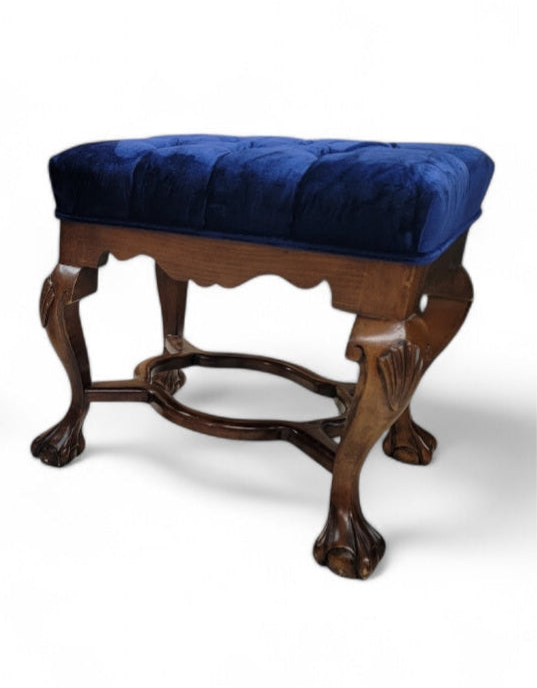 New - Antique Mahogany Chippendale Tufted Ottoman Newly Upholstered in Velvet