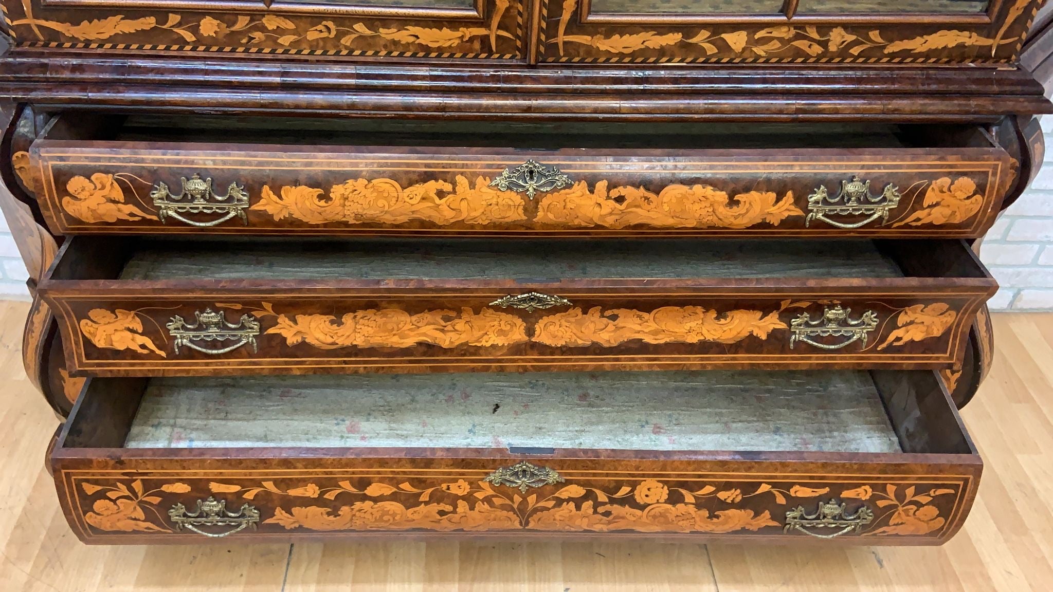 Antique Dutch Marquetry Vitrine Cabinet/Display Hutch