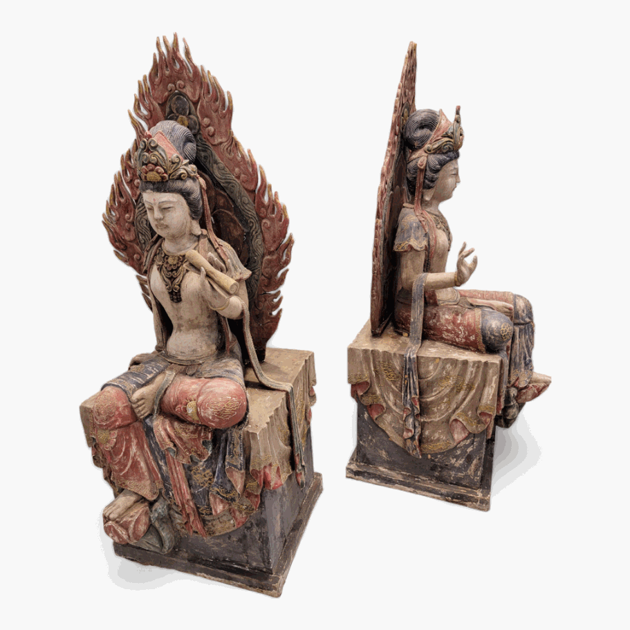 Antique Monumental Chinese Mandorla Carved Sculpted Statues - Set of 2