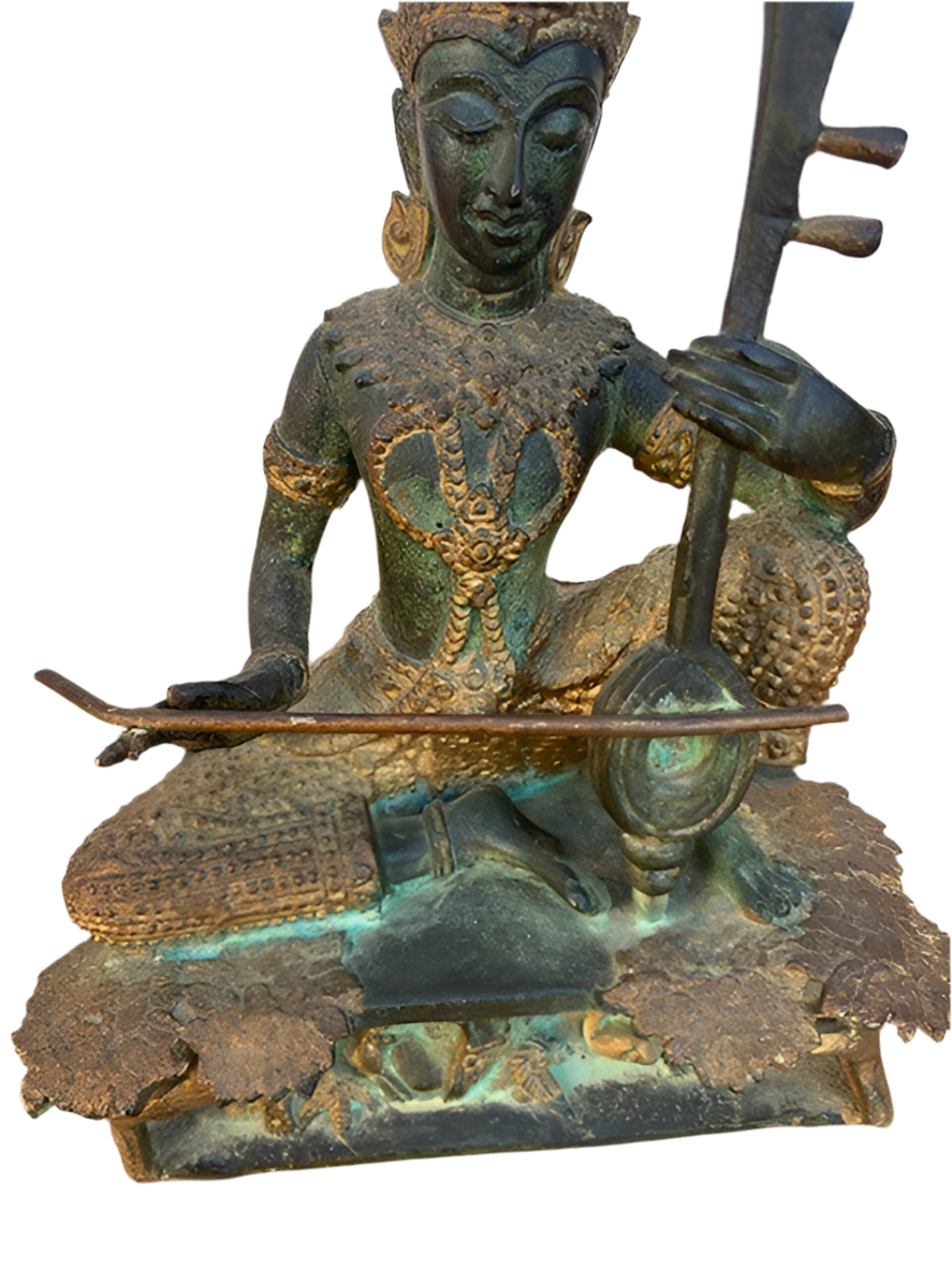 Antique Thai Prince Musician Gilded Bronze Statue Mandolin Music Player