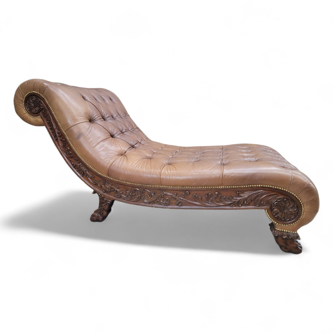 Antique Chesterfield Style Carved Oak Tufted Chaise Lounge