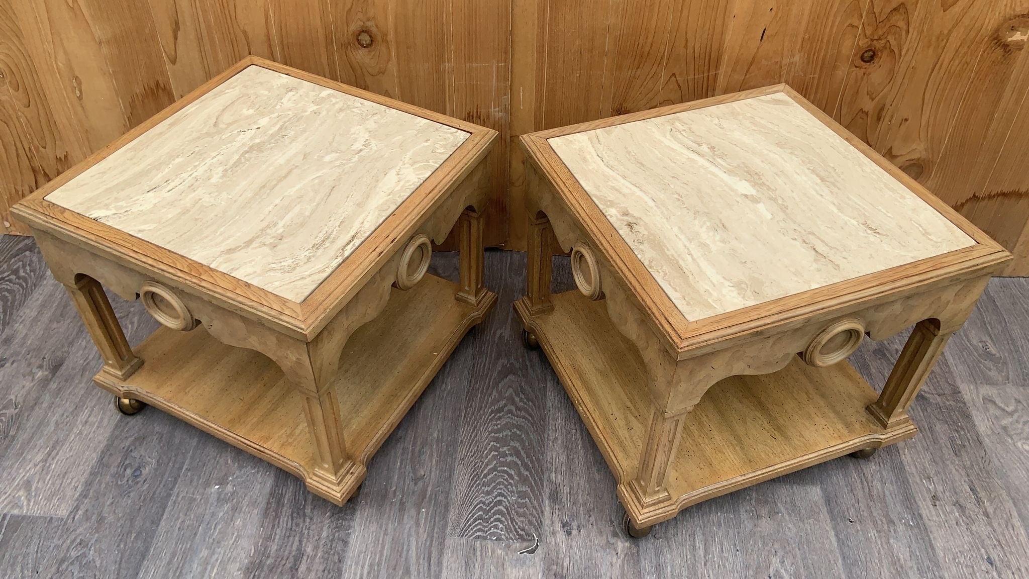 Vintage Italian Neoclassical Style Pickled Wood End Tables with/ Travertine Tops - Pair of 2