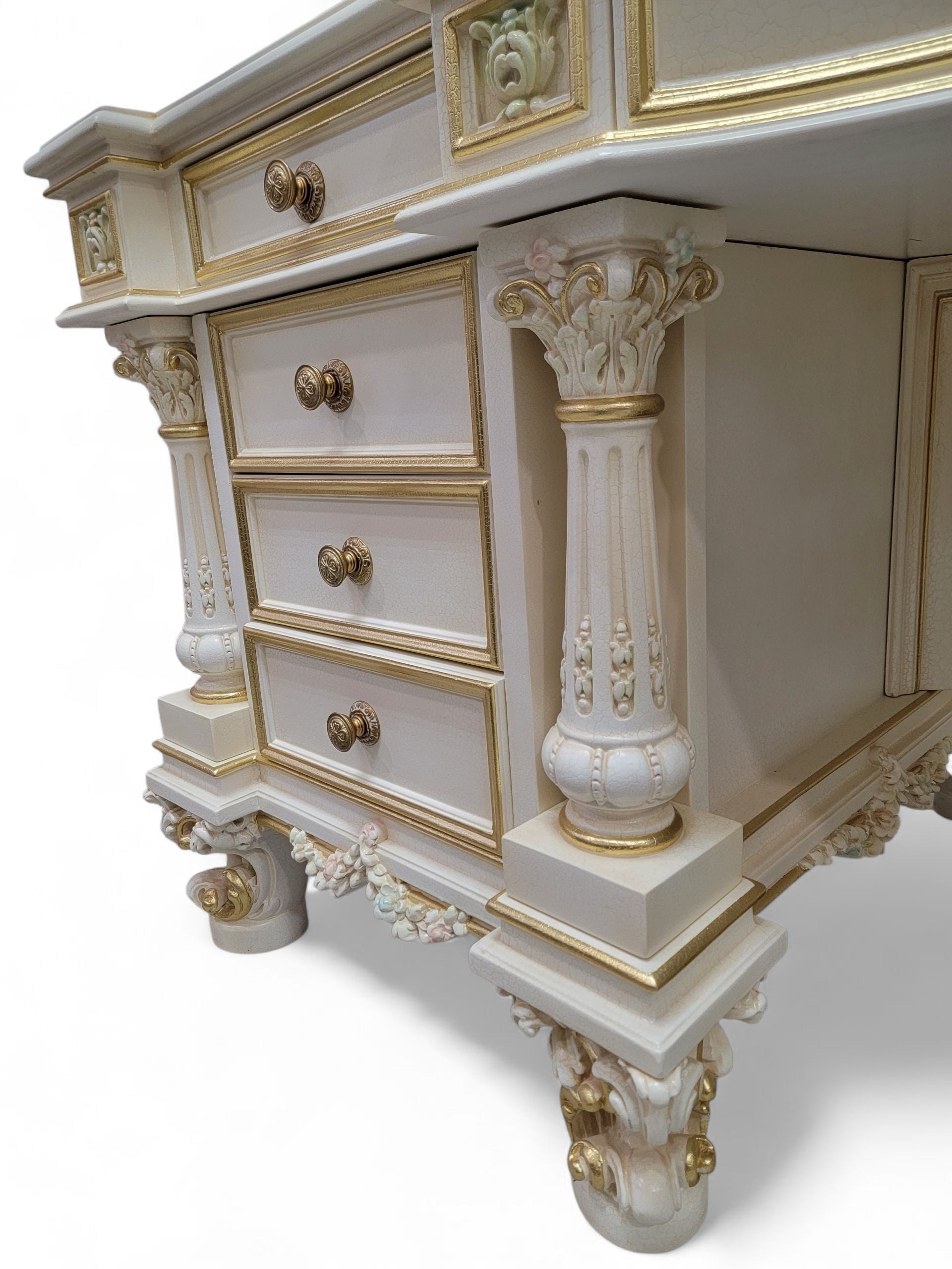 Vintage Custom Venetian Antique Rococo Style Antique White Carved Executive Desk