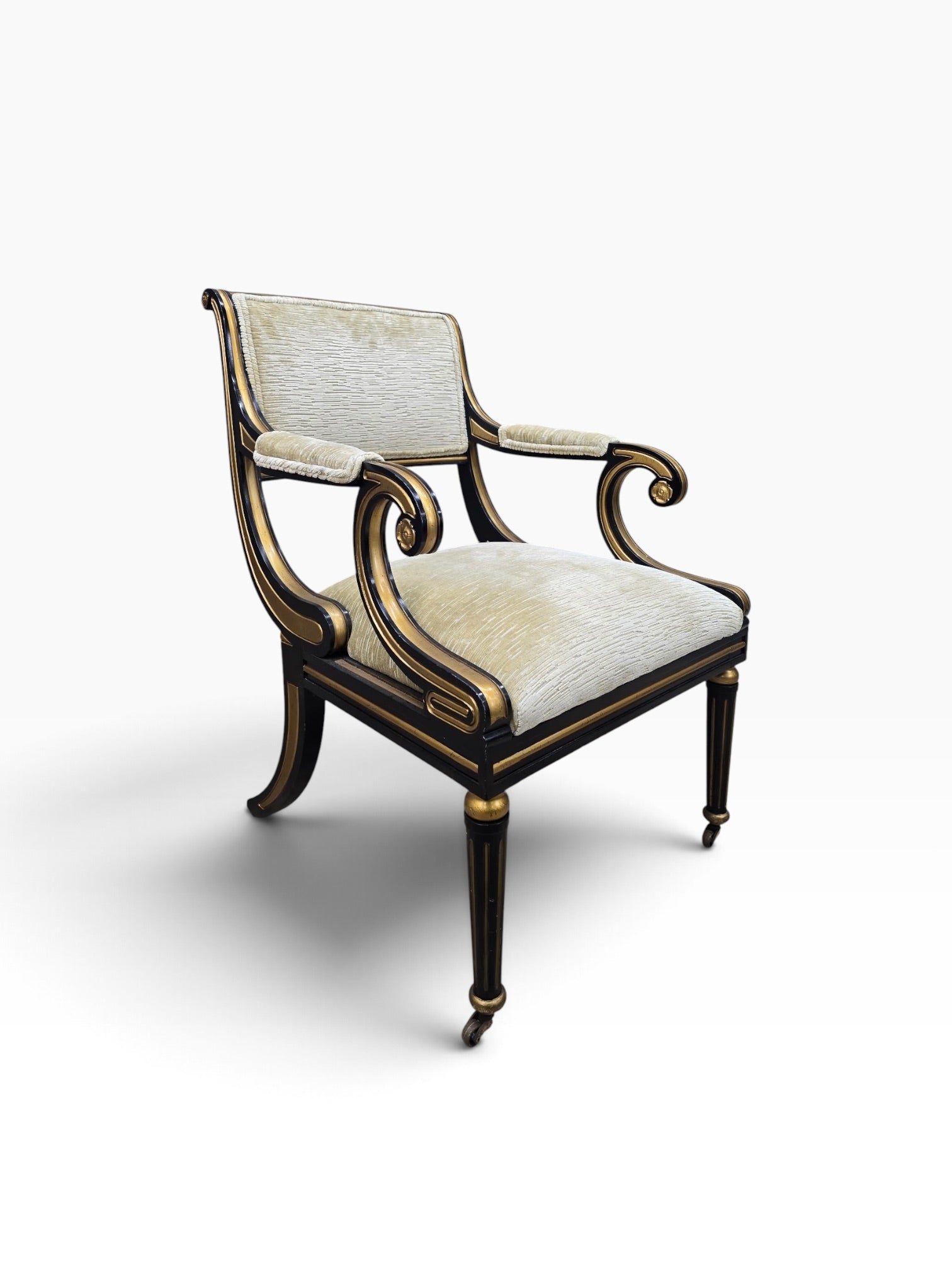 Regency Style Ebonized Armchairs by Baker Newly Reupholstered in a Gold Chenille Fabric - Pair