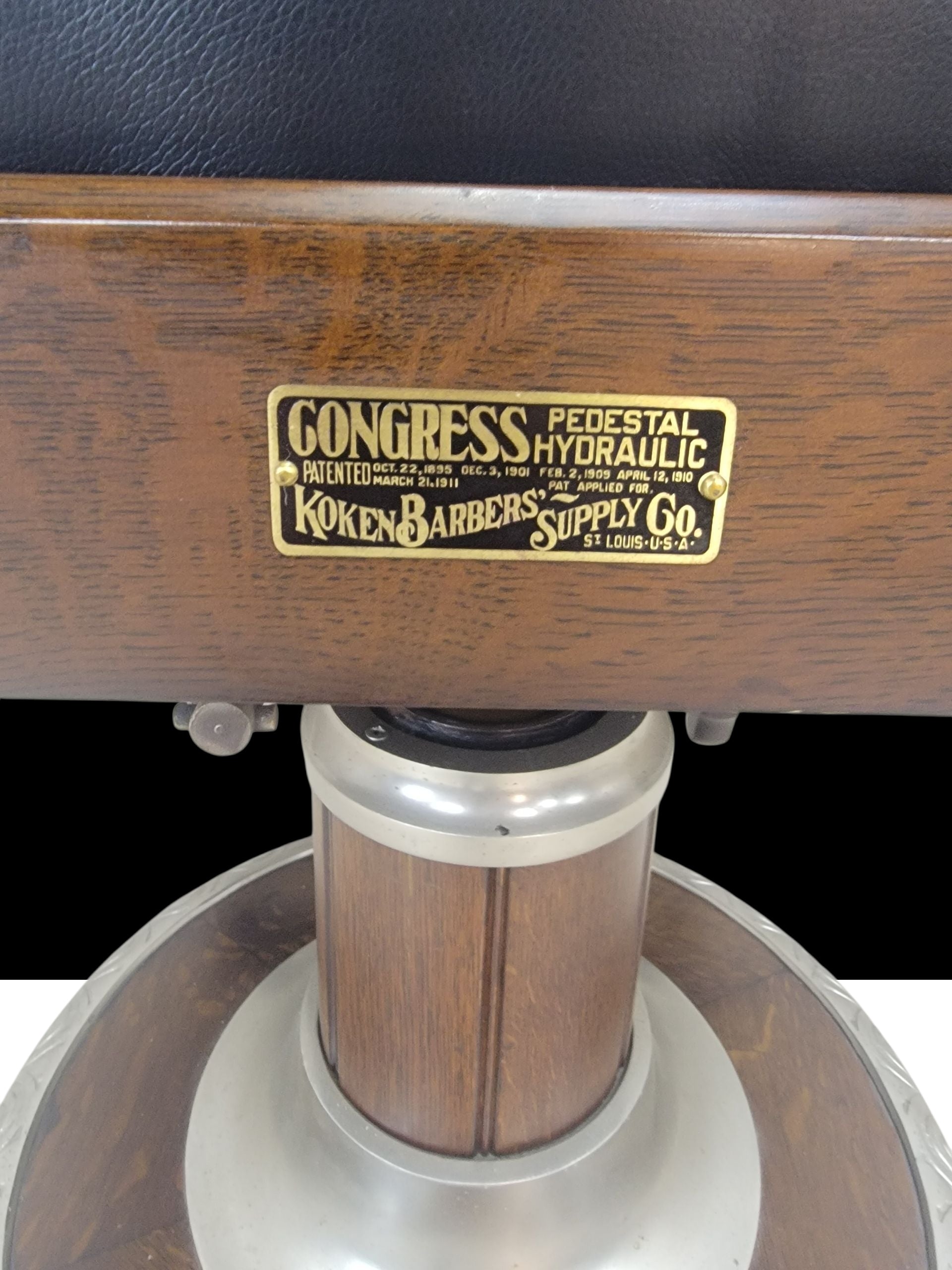 Antique Koken Restored Quartersawn Oak Barber Chairs in Black Leather – Set of 3