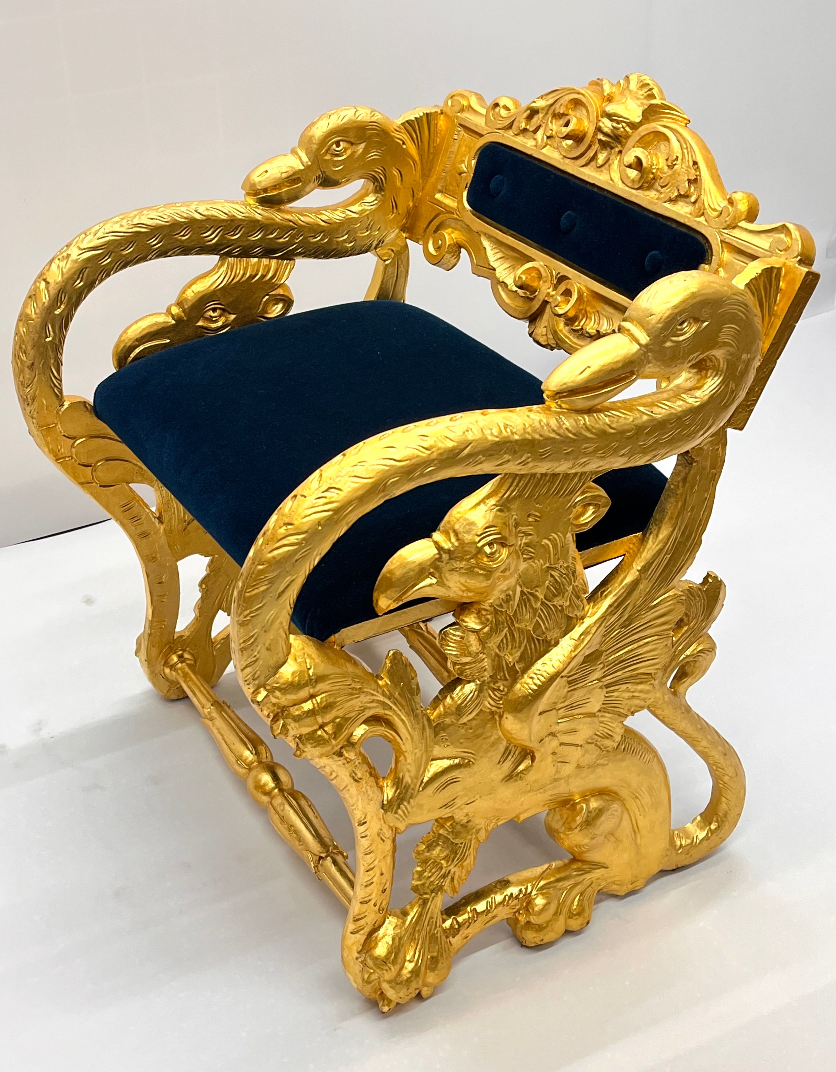 Antique Federal Style Carved Gold Gilt Swan and Eagle Carousel Bench Newly Reupholstered in Blue Mohair Seat